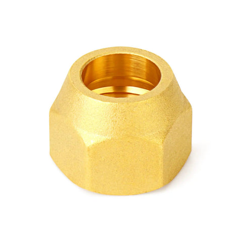 Grease Monkey Approved 10 Piece Beefy Brass 45 Degree Flare Tube Fittings one quarter inch SAE copper pipe extenders close-up view of brass flare nut.