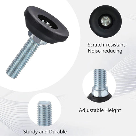 Hella Durable Threaded Furniture Feet Four Pack Adjustable Leveling Legs 5/16 To 18 Threads Galvanized Steel close-up image of adjustable height leveling leg.