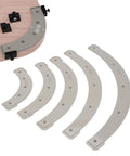 Drop Dead Knockout 5 Piece Round Corner Radius Template Set With R100 To R300 Specs includes R100 to R250 radius jigs for precise woodworking.
