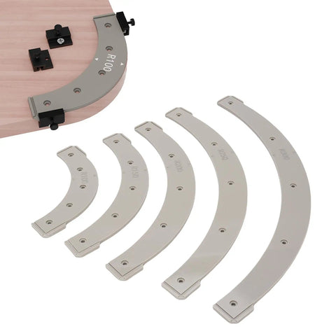 Drop Dead Knockout 5 Piece Round Corner Radius Template Set With R100 To R300 Specs includes R100 to R250 radius jigs for precise woodworking.