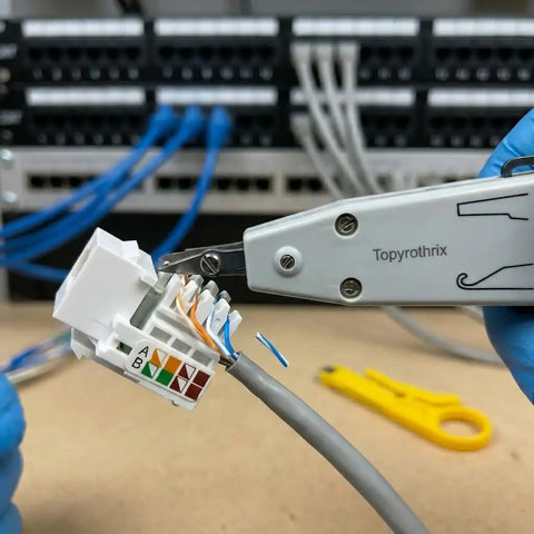 Pro Grade Impact Punch Down Tool And Integrated Wire Stripper RJ45 Crimping Kit For Cat6 Cat5e Ethernet Cables Quick Trim Action For Keystone Jacks Faceplates Hustle Ready Wiring Beast in use with keystone jack and cables.