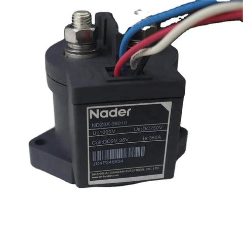 Top Shelf 1500V 500A Contactor Relay For Electric Vehicle Battery Packs Featuring Dang Tough Construction And Killer Three Phase Amp Capacity For Lithium Ion Drivetrains. close up of a Nader NDZ3X-35010 relay with multi-colored wires.