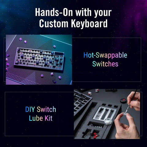 Buttery Smooth Wireless Mechanical Gaming Keyboard With 75 Percent Tkl Layout And Tri Mode Hookup shown with hot-swappable switches and lube kit.