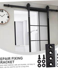 Heavy Duty Metal Flat Plate Track Connector For Barn Door Flat Brace Bracket Mending Repair And Upgraded For Sliding Barn Door Track Connection With Rust Resistant Finish Smooth Surface And No Fuss Install, shown installed on a barn door with a clock on the wall.