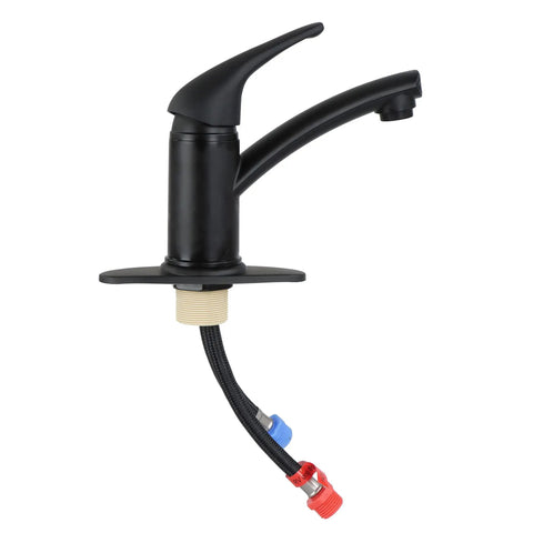 Single Lever Bathroom Faucet With Extended Roman Spout And Blade Handle In Black Matte, One-Hole Install With Mounting Ring