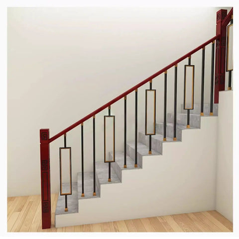 Top Shelf Square Metal Balusters And Staircase Spindles For Deck Railings 37 Inch High with black and gold brackets and red rail.