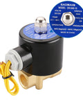 Three Eighths Inch Brass Electric Solenoid Valve 12 Volt DC Normally Closed For Water And Air Lines Direct Acting Wet Armature Design Heavy Duty Pneumatic Valve Model 2W 040 10 shown with 3/8 inch ports and wiring