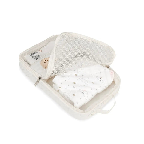 Open cute bear mesh bag from Two Pack Waterproof Diaper Bag Organizer Pouches With Hanging Pods, showing baby clothes inside.