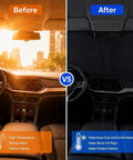 Before and after comparison of using Foldable Windshield Sun Shade For Tesla Cybertruck 2024 showing reduced glare and UV protection.