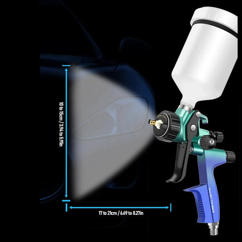 Professional Pneumatic HVP Spray Gun With 1.3 Mm Nozzle And 600 Ml Cup shown with spray pattern dimensions for accurate painting.