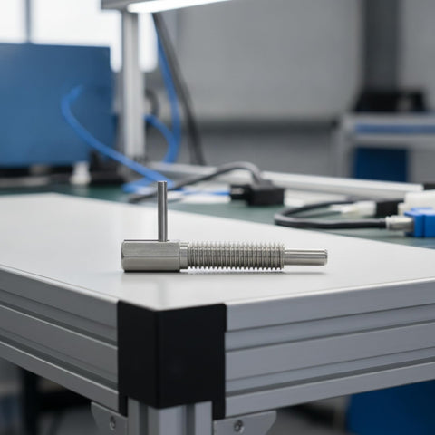 Heavy Duty Spring Indexing Plunger With Rugged L Handle For Snappy Manual Retraction, carbon steel positioning pin on a workbench.