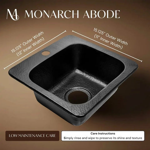 15 Inch Baxter Drop In Small Bar Sink with Hand Hammered Matte Black Aluminum Finish Faucet Hole for Wet Kitchens