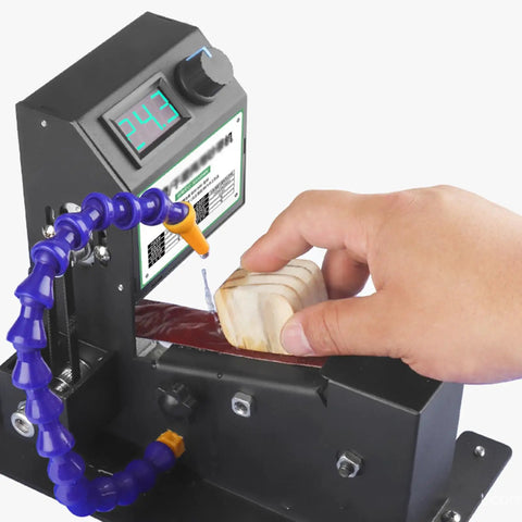 Electric Belt Sander Drill Chuck Adapter Grinder Machine With One Click Adjustment For Knife Sharpening Polishing Wood Stone Plastic Acrylic 0.6-6mm Quick Change Collet System in use with wooden block.