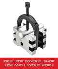 V Block Clamp For Metalworking With 45 And 90 Degree Tap Holes For Round And Square Workpieces Beefy Hardened Steel Construction Built Tough For Stable Layout Drilling And Inspection on round bar