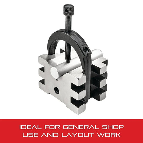 V Block Clamp For Metalworking With 45 And 90 Degree Tap Holes For Round And Square Workpieces Beefy Hardened Steel Construction Built Tough For Stable Layout Drilling And Inspection on round bar