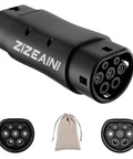 Road Ready GB To Type 2 EV Charging Plug, compact adapter in black, showcasing input/output ends and included storage pouch.