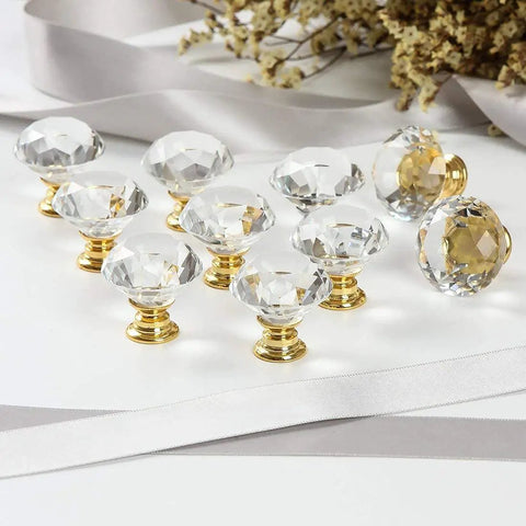 10 Pack Diamond Crystal Glass Cabinet Knobs Gold 30Mm Pull Handles For Cabinets, Drawers, Dressers, Bookcases, Wardrobes Includes 22Mm, 25Mm, And 35Mm Screws For Quick, Easy Mounting. 30mm gold crystal glass knobs