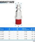 Durable 1/4 Inch Pneumatic Male Plug Connector Fits Air Hose Systems Fast Connects With Zinc Plated Alloy Steel For Heavy Duty Use At Up To 300 Psi. size chart for 1/4 NPT connector with red threaded end