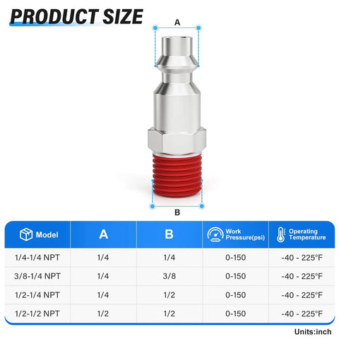 Durable 1/4 Inch Pneumatic Male Plug Connector Fits Air Hose Systems Fast Connects With Zinc Plated Alloy Steel For Heavy Duty Use At Up To 300 Psi. size chart for 1/4 NPT connector with red threaded end