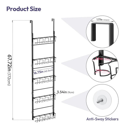 5 Tier Water Bottle Organizer Over The Door Cup Holder For Bulky Stanley Tumblers And Large Jugs, black frame dimensions