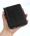 Hand holding black plastic case for Ultimate Fishing Swivels Kit With Ball Bearing And Rolling Barrel Swivels, Crossline Three Way Swivels, Duo Lock And Coast Lock Snaps, Crane Barrel Options, Pro Grade High Strength Connectors For Bass, Trout, Saltwater And Freshwater