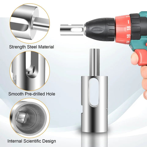 11 Gauge Chain Link Fence Twist Tie Tool Stainless Steel EZ Tool For Keyless Drills shown attached to a drill with close-ups of design features.