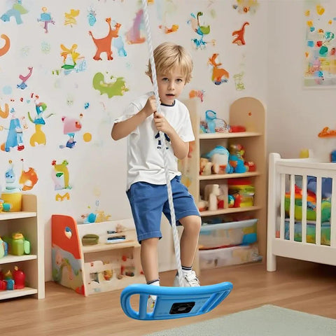 Child on a Three In One Kids Swing Set With Disc Seat Climbing Rope Pull Up Bar And Balance Board For Indoor Playroom Use