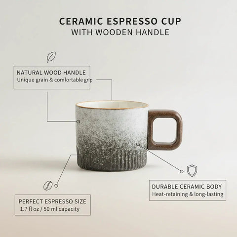 Premium Durable Ceramic Espresso Cup With Wooden Handle 1.7 Oz Demitasse showcasing natural wood handle and textured body.
