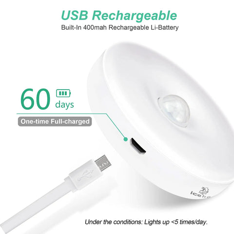 USB rechargeable feature of Three Pack Motion Sensor LED Lights Indoor Rechargeable Battery Powered Puck Lights Easy Stick On With 3M Adhesive For Under Cabinet Counter Hallway And Stairs Pure White 6000K