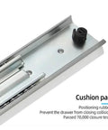 No Sweat Install Full Extension Drawer Slides For Cabinetry showing side mounted ball bearing glides with cushion pad detail.