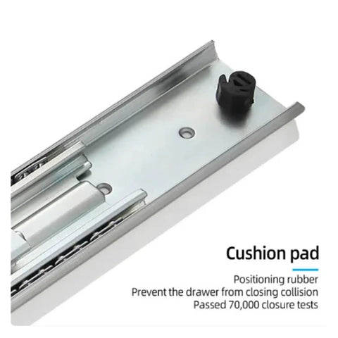 No Sweat Install Full Extension Drawer Slides For Cabinetry showing side mounted ball bearing glides with cushion pad detail.