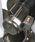 Close-up of motor on a Badass Heavy Duty Five Horsepower Wood Dust Collector, showcasing power switch and black casing.
