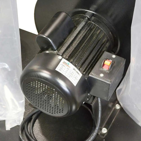 Close-up of motor on a Badass Heavy Duty Five Horsepower Wood Dust Collector, showcasing power switch and black casing.