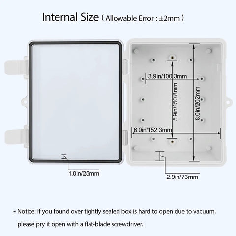 Internal view of Dustproof Waterproof IP65 Junction Box With Hinged Cover in ABS Plastic, open showing dimensions 8.0x6.0x4.1 inches.
