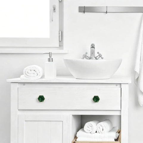 Dope Green Hexagon Cabinet Knobs For Drawers And Cupboards Built Like A Brick Wall Durable Zinc Alloy Furniture Handles With Sleek Marble Finish Replacement Hardware For Kitchen Bedroom Bathroom Top Shelf Home Refresh on a white bathroom vanity.