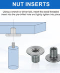 Heavy Duty 16 Pack 1/4 Inch 20 X 12 Mm Brad Hole Tee Nuts Carbon Steel, showing installation process with tools.