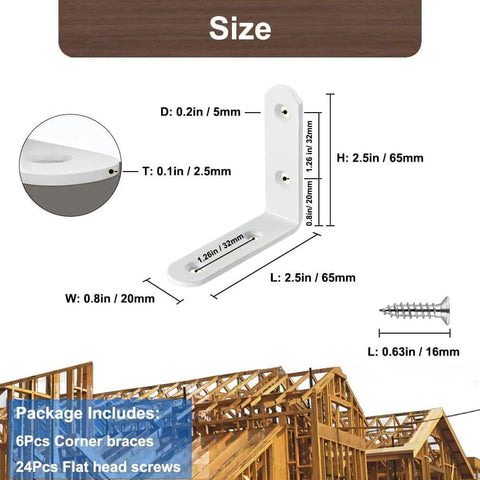 White 2.5 Inch Stainless Steel L Bracket 6 Pack Right Angle Corner Braces with Screws, size dimensions and included items.