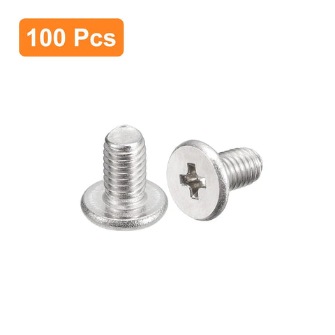 Premium 304 Stainless Steel M3 X 5mm Phillips Drive Machine Screws 100 Pack Flat Round Head Fasteners close-up view.