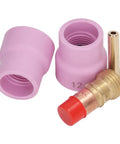 Pro Grade 4 Piece Welding Cup Torch Collet Set For WP17 WP18 WP26 TIG Torches showing copper and pink ceramic parts