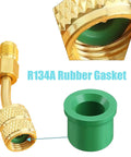 Close-up of 100 Pack Rubber Gasket Replacement Kit For Automotive HVAC O Ring Seals with hose fitting and green O-ring.