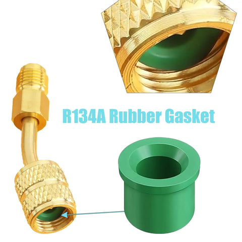 Close-up of 100 Pack Rubber Gasket Replacement Kit For Automotive HVAC O Ring Seals with hose fitting and green O-ring.