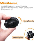 Hand holding black rubber grommet from 33-Piece Rubber Grommet Kit With Retractable Box Knife, showcasing strong flexibility and use for cables.
