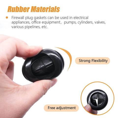 Hand holding black rubber grommet from 33-Piece Rubber Grommet Kit With Retractable Box Knife, showcasing strong flexibility and use for cables.