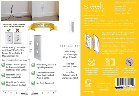 Ultra Thin Outlet Concealer Kit For Hidden Outlets And Cord Management, Flat Low Profile Cover Packaging with Features and Installation Instructions