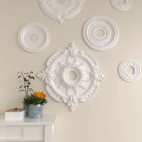 Classic Ceiling Medallion With 28 3 8 Inch Outside Diameter And 3 3 4 Inch Inside Diameter And Six And A Half Inch Canopy displayed on wall