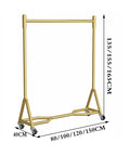 Heavy Duty Industrial Clothes Rack With Wheels Iron Single Pole Display Stand for Bedroom And Laundry, gold finish, dimensions shown
