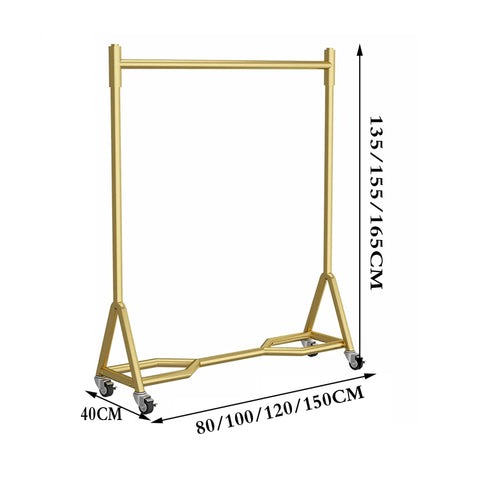 Heavy Duty Industrial Clothes Rack With Wheels Iron Single Pole Display Stand for Bedroom And Laundry, gold finish, dimensions shown