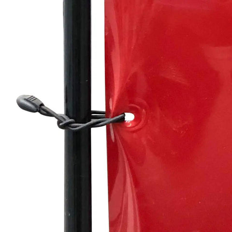 Close-up of fastening detail on Hardcore Three Panel Red Flame Resistant Vinyl Welding Curtain with Heavy Duty Steel Frame.