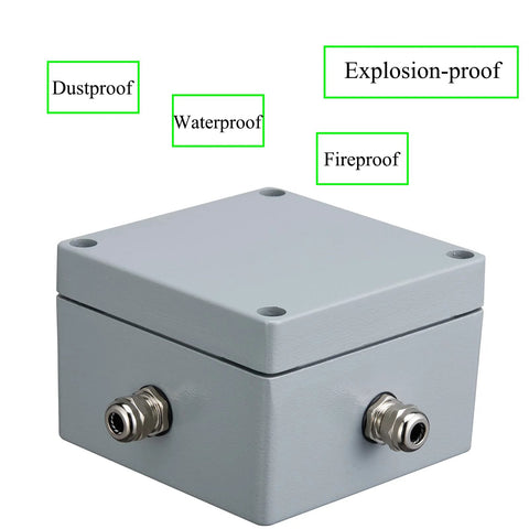 Industrial explosion-proof junction box with waterproof and fireproof features, ideal for harsh environments, 120x120x80mm aluminum enclosure.