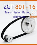Cool 2GT Timing Pulley Kit With 16 To 80 Tooth Gears For Solid Five One Gear Ratio Drive Systems Plus 10mm Belt Width And Standard 2mm Pitch For Super Smooth Performance. 2GT 80T and 16T metal pulleys with black timing belt